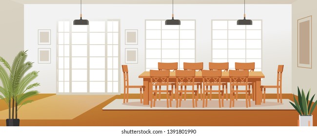 Bright Spacious Dining Room With Wooden Big Table. Colorful Vector Illustration In Flat Cartoon Style.