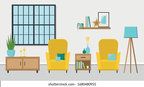 Bright spacious living room with bright accents. Vector illustration
