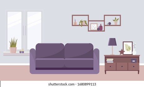 Bright, spacious living room with purple décor. Vector illustration