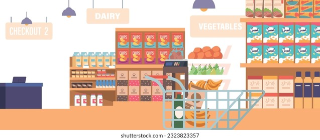 Bright And Spacious, The Supermarket Interior Is Filled With Neatly Arranged Aisles, Stocked Shelves Vector Illustration