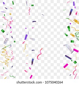 Bright sparkle of colorful confetti. Abstract background with falling blue, red, gold, green, pink tiny confetti. Luxury festive background for your design, cards, invitations, gift, vip. Vector.