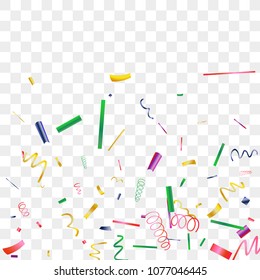 Bright sparkle of colorful confetti. Abstract background with falling blue, red, gold, green, pink tiny confetti. Luxury festive background for your design, cards, invitations, gift, vip. Vector.
