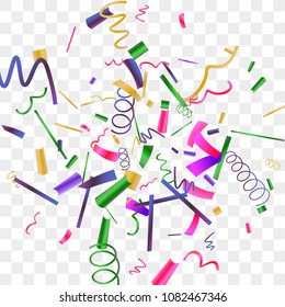 Bright sparkle of colorful confetti. Abstract background with falling blue, red, gold, green, pink tiny confetti. Luxury festive background for your design, cards, invitations, gift, vip. Vector.