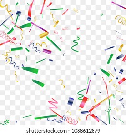 Bright sparkle of colorful confetti. Abstract background with falling blue, red, gold, green, pink tiny confetti. Luxury festive background for your design, cards, invitations, gift, vip. Vector.
