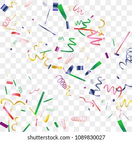 Bright sparkle of colorful confetti. Abstract background with falling blue, red, gold, green, pink tiny confetti. Luxury festive background for your design, cards, invitations, gift, vip. Vector.