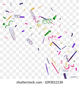 Bright sparkle of colorful confetti. Abstract background with falling blue, red, gold, green, pink tiny confetti. Luxury festive background for your design, cards, invitations, gift, vip. Vector.