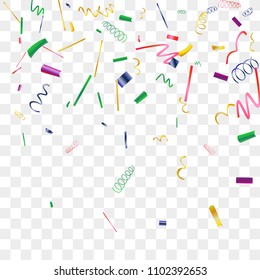 Bright sparkle of colorful confetti. Abstract background with falling blue, red, gold, green, pink tiny confetti. Luxury festive background for your design, cards, invitations, gift, vip. Vector.