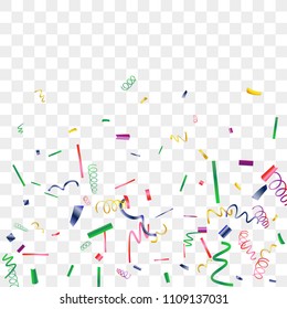 Bright sparkle of colorful confetti. Abstract background with falling blue, red, gold, green, pink tiny confetti. Luxury festive background for your design, cards, invitations, gift, vip. Vector.