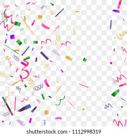 Bright sparkle of colorful confetti. Abstract background with falling blue, red, gold, green, pink tiny confetti. Luxury festive background for your design, cards, invitations, gift, vip. Vector.