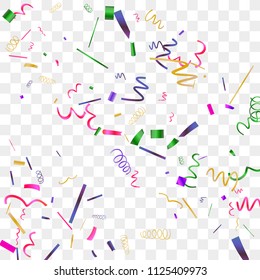 Bright sparkle of colorful confetti. Abstract background with falling blue, red, gold, green, pink tiny confetti. Luxury festive background for your design, cards, invitations, gift, vip. Vector.
