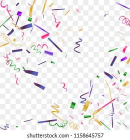 Bright sparkle of colorful confetti. Abstract background with falling blue, red, gold, green, pink tiny confetti. Luxury festive background for your design, cards, invitations, gift, vip. Vector.