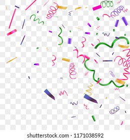 Bright sparkle of colorful confetti. Abstract background with falling blue, red, gold, green, pink tiny confetti. Luxury festive background for your design, cards, invitations, gift, vip. Vector.
