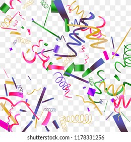 Bright sparkle of colorful confetti. Abstract background with falling blue, red, gold, green, pink tiny confetti. Luxury festive background for your design, cards, invitations, gift, vip. Vector.