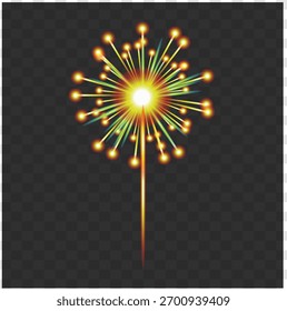 Bright sparkler firework isolated on transparent background
