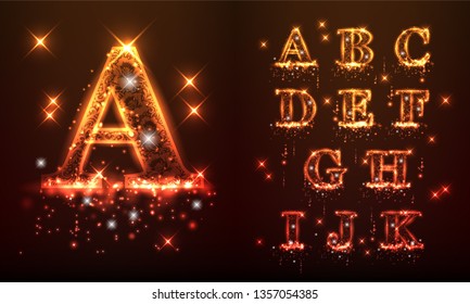 Bright sparkling alphabet on a brown background