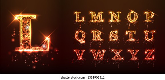 Bright sparkling alphabet on a brown background