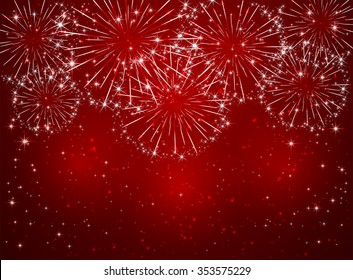 Bright sparkling fireworks on red shiny background, illustration.