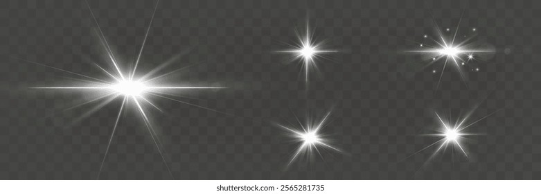 Bright sparkling light effects with starburst flares and glowing beams on a dark transparent background.