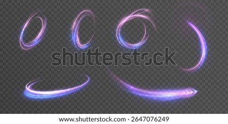 Bright sparkling light swirls with shining trails on a transparent background. Dynamic pink-violet and blue light rings and lines with glitter particles.