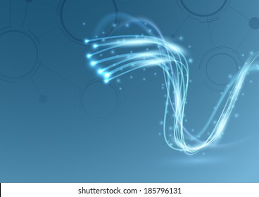 Bright sparkling shimmering cable line broadband electricity swoosh waves over blue structure media communicational modeling abstract background. Vector illustration