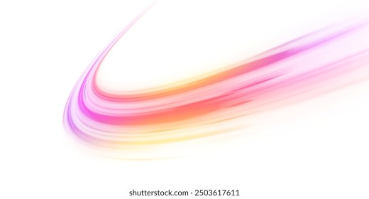 Bright sparkling speed line for futuristic design and banner. Racing cars dynamic flash effects city road with long exposure night ligh. Vector PNG glitter light fire flare trace.	