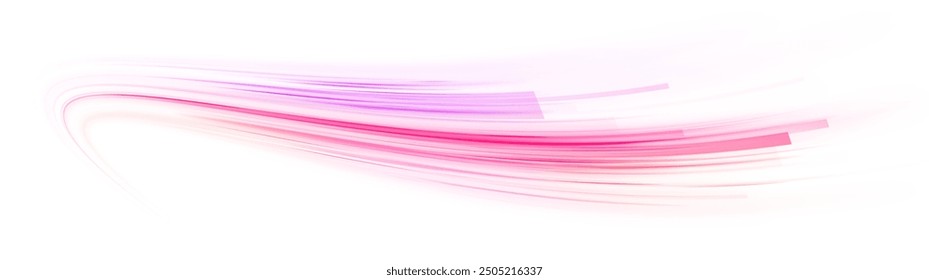 Bright sparkling speed line for futuristic design and banner. Racing cars dynamic flash effects city road with long exposure night ligh. Vector PNG glitter light fire flare trace.	