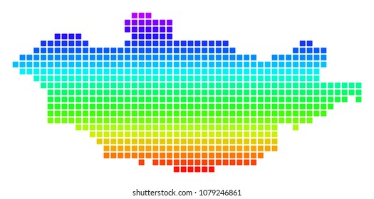Bright Spectral Dot Mongolia Map. Vector geographic map in bright spectrum colors with vertical gradient. Color vector pattern of Mongolia Map organized of rounded square elements.