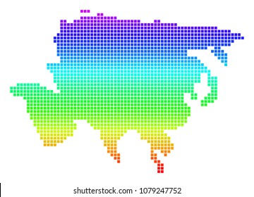 Bright Spectral Dotted Asia Map. Vector geographic map in bright spectrum colors with vertical gradient. Multicolored vector composition of Asia Map constructed of rounded rectangle particles.