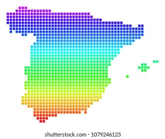 Bright Spectral Dotted Spain Map. Vector geographic map in bright spectral colors with vertical gradient. Color vector concept of Spain Map constructed of rounded square particles.