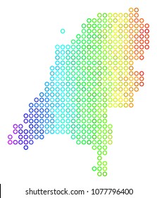 Bright Spectral Netherlands Map. Vector geographic map in bright rainbow color tinges with horizontal gradient. Colorful vector collage of Netherlands Map made of regular round elements.