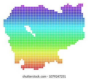Bright Spectral Pixel Cambodia Map. Vector geographic map in bright spectrum colors with vertical gradient. Bright vector collage of Cambodia Map composed of rounded rectangle dots.