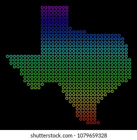 Bright Spectral Texas Map. Vector geographic map in bright rainbow colors with vertical gradient on a black background. Color vector concept of Texas Map done of empty circles.