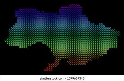 Bright Spectral Ukraine Map. Vector geographic map in bright rainbow colors with vertical gradient on a black background. Color vector collage of Ukraine Map composed of spheric bubbles.