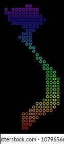 Bright Spectral Vietnam Map. Vector geographic map in bright spectrum colors with vertical gradient on a black background. Colored vector composition of Vietnam Map organized of circle elements.