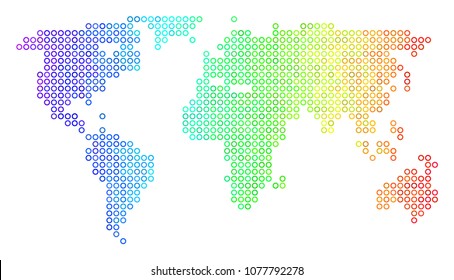 Bright Spectral World Map. Vector geographic map in bright rainbow color hues with horizontal gradient. Colored vector concept of World Map designed of regular circle elements.