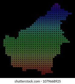 Bright Spectrum Borneo Island Map. Vector geographic map in bright spectrum colors with vertical gradient on a black background. Colorful vector mosaic of Borneo Island Map organized of round dots.