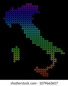 Bright Spectrum Italy Map. Vector geographic map in bright spectral colors with vertical gradient on a black background. Colored vector pattern of Italy Map organized of circle dots.