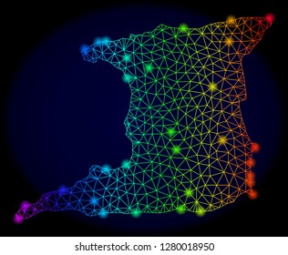 Bright spectrum mesh vector map of Trinidad Island with glare effect. Abstract lines, triangles, flash spots forms map of Trinidad Island on a dark background.