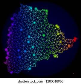 Bright spectrum mesh vector map of Telangana State with glare effect. Abstract lines, triangles, light spots forms map of Telangana State on a dark background.