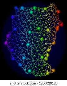 Bright spectrum mesh vector map of Sudan with glow effect. Abstract lines, triangles, light spots forms map of Sudan on a dark background. Mesh and glare elements are placed on different layers.