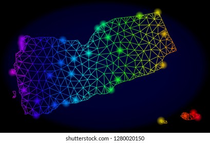 Bright spectrum mesh vector map of Yemen with glare effect. Abstract lines, triangles, light spots forms map of Yemen on a dark background. Mesh and glare elements are placed on different layers.