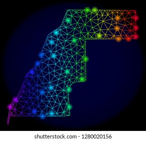 Bright spectrum mesh vector map of Western Sahara with glowing effect. Abstract lines, triangles, flash spots forms map of Western Sahara on a dark background.