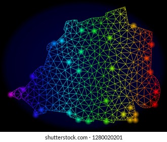 Bright spectrum mesh vector map of Vatican with glowing effect. Abstract lines, triangles, light spots forms map of Vatican on a dark background.