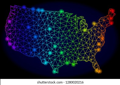 Bright spectrum mesh vector map of USA with glowing effect. Abstract lines, triangles, light spots forms map of USA on a dark background. Mesh and glare elements are placed on different layers.