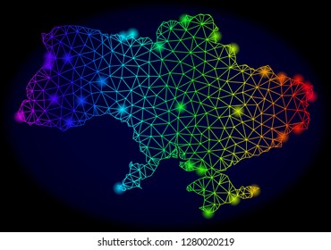 Bright spectrum mesh vector map of Ukraine with glowing effect. Abstract lines, triangles, light spots forms map of Ukraine on a dark background.