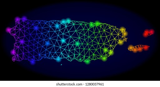 Bright spectrum mesh vector map of Puerto Rico with glare effect. Abstract lines, triangles, light spots forms map of Puerto Rico on a dark background.