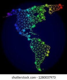 Bright spectrum mesh vector map of South and North America with glare effect. Abstract lines, triangles, glare spots forms map of South and North America on a dark background.