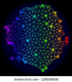 Bright spectrum mesh vector map of Sierra Leone with glare effect. Abstract lines, triangles, glare spots forms map of Sierra Leone on a dark background.