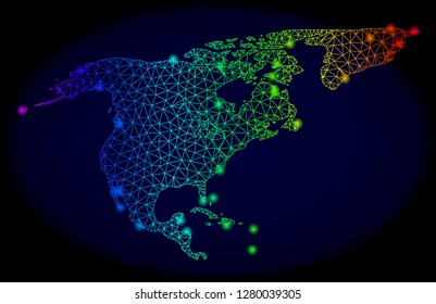 Bright spectrum mesh vector map of North America and Greenland with glowing effect. Abstract lines, triangles, glare spots forms map of North America and Greenland on a dark background.