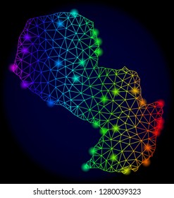 Bright spectrum mesh vector map of Paraguay with glow effect. Abstract lines, triangles, light spots forms map of Paraguay on a dark background.